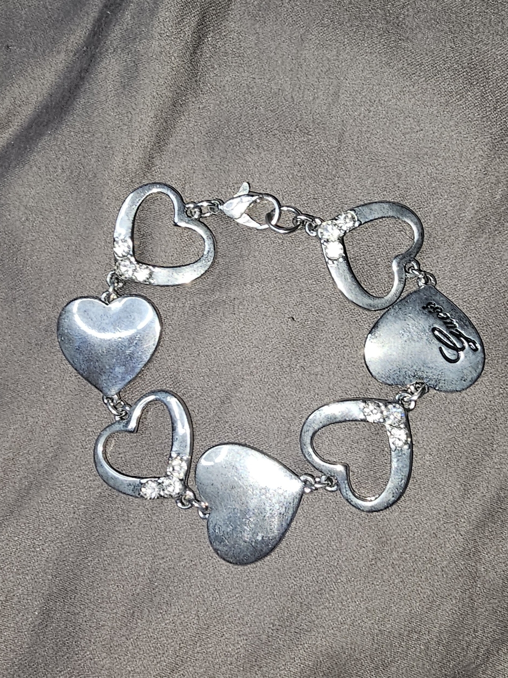 Guess Silver Heart Link Bracelet with Signature Heart Charm Rhinestones